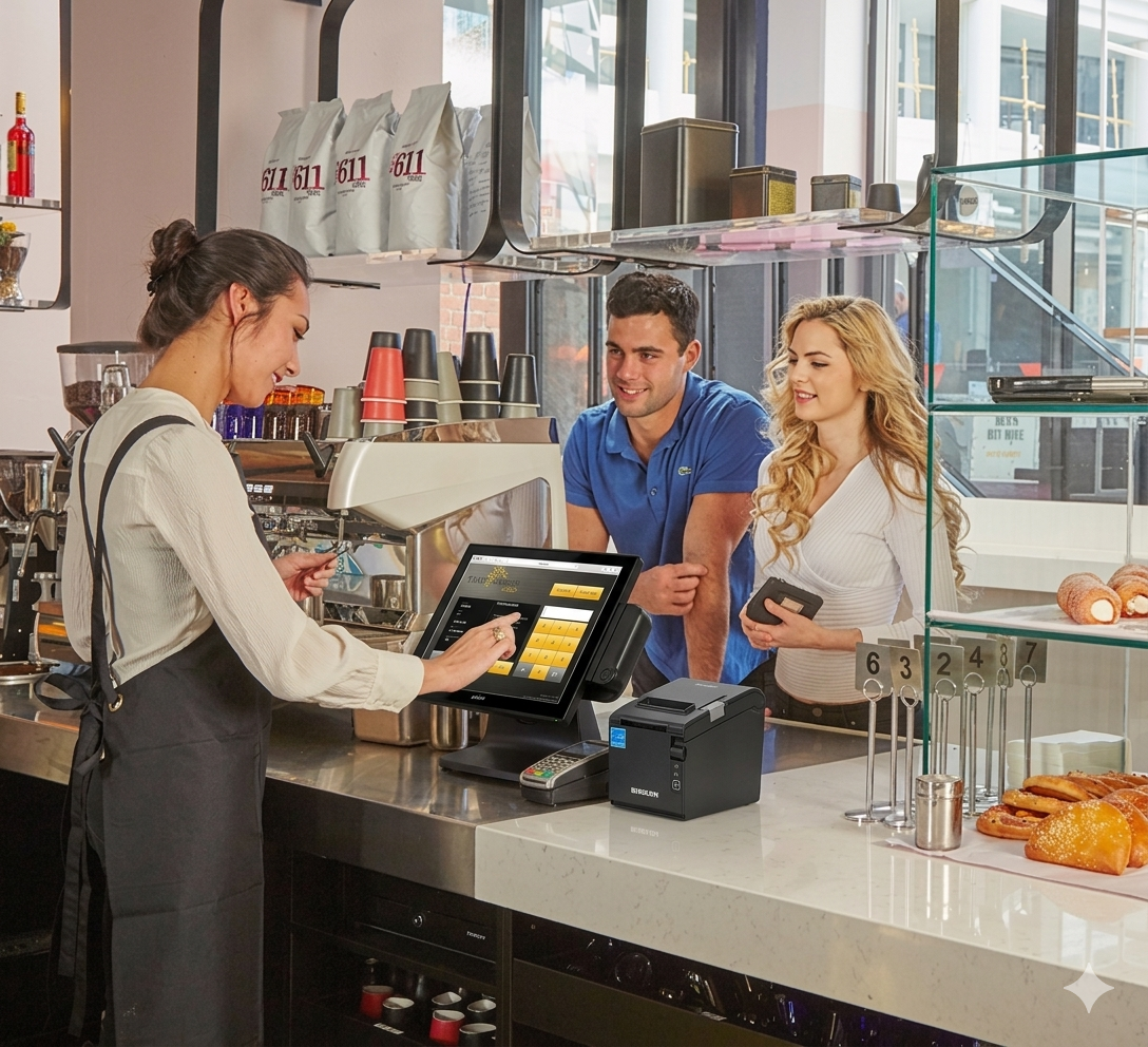 TimeWorks POS terminal in a real South African coffee shop with barista serving customers