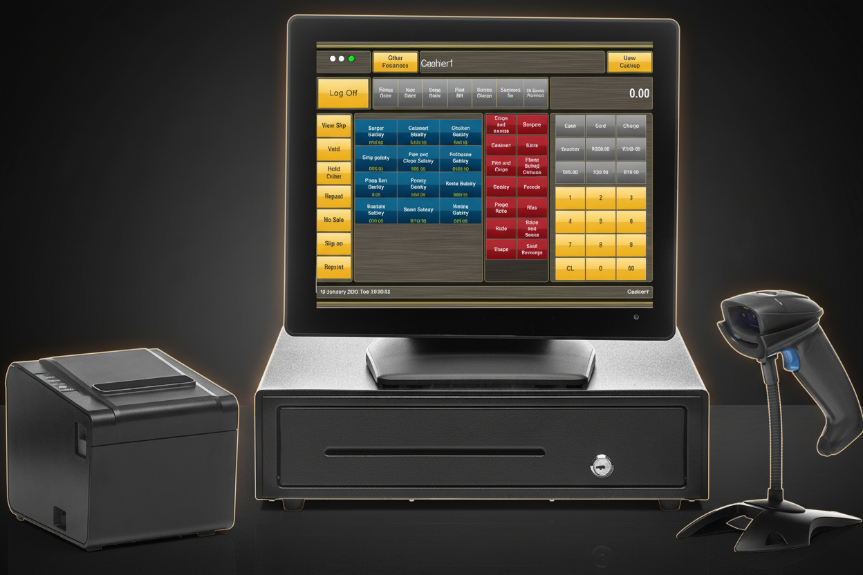 TimeWorks full POS setup with cash drawer, printer and barcode scanner showing hospitality menu