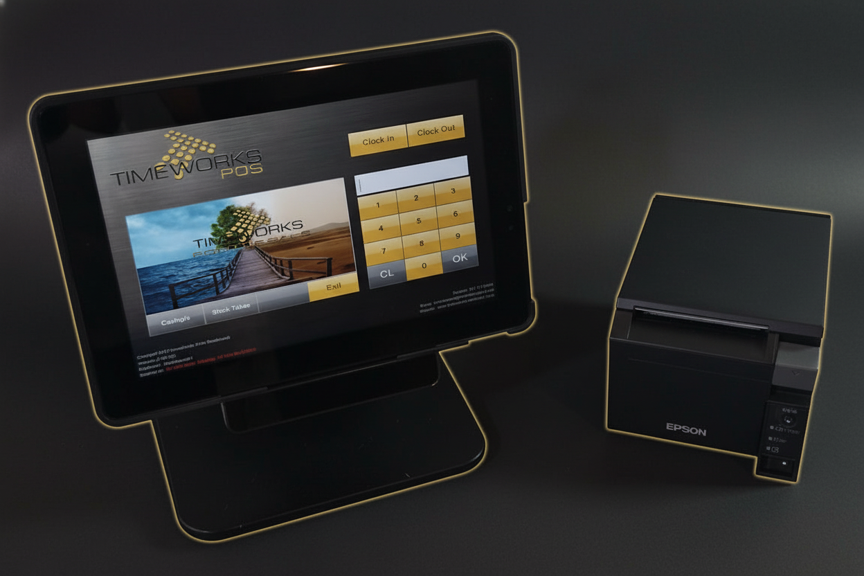 TimeWorks POS tablet terminal with Epson receipt printer - angled view