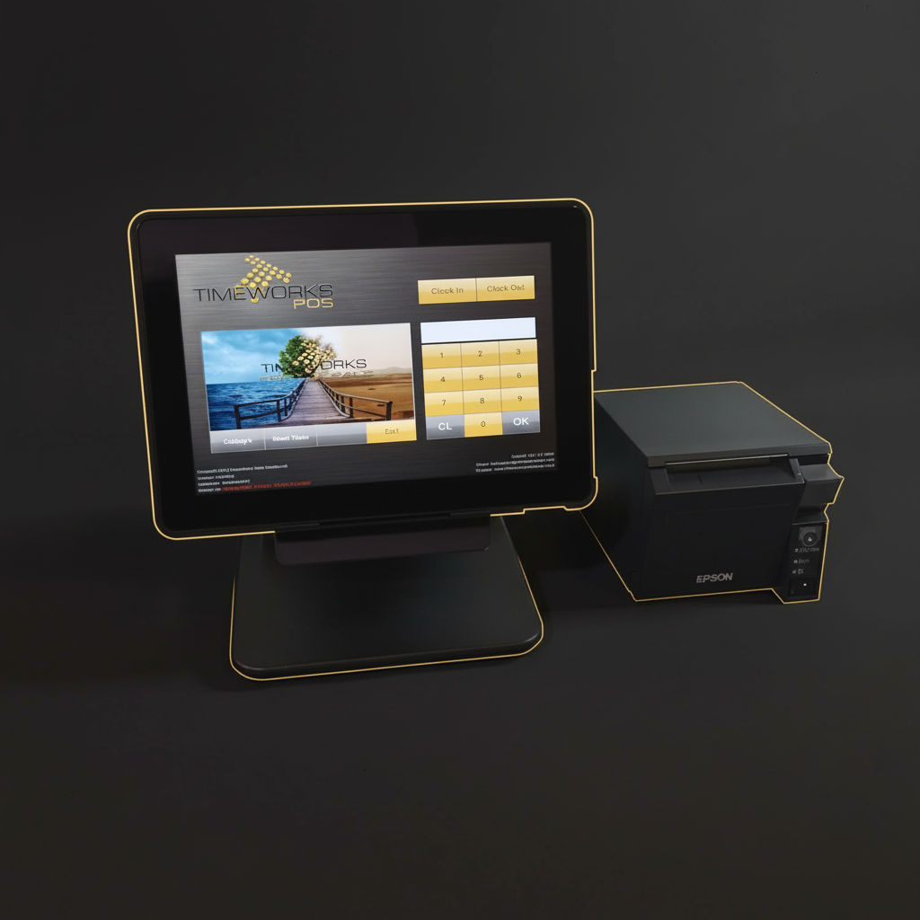 TimeWorks POS tablet terminal with Epson receipt printer - front view